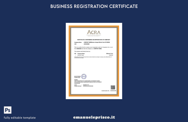 Certificato di Singapore in stile verificato che conferma la costituzione della 